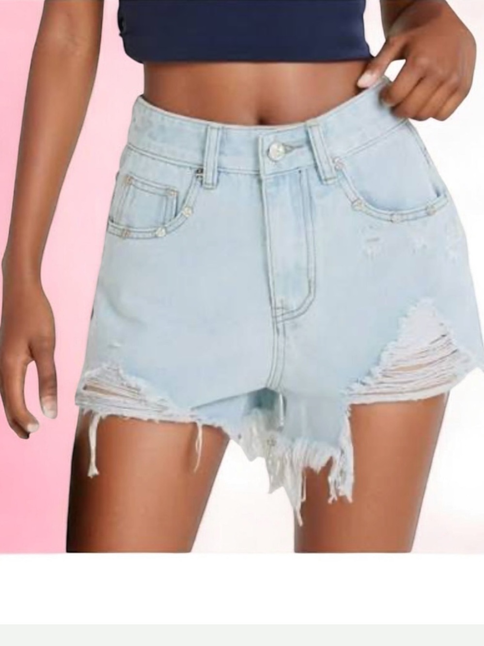 UNIF Distressed short w raw hem. Stock photo slight difference from actual short